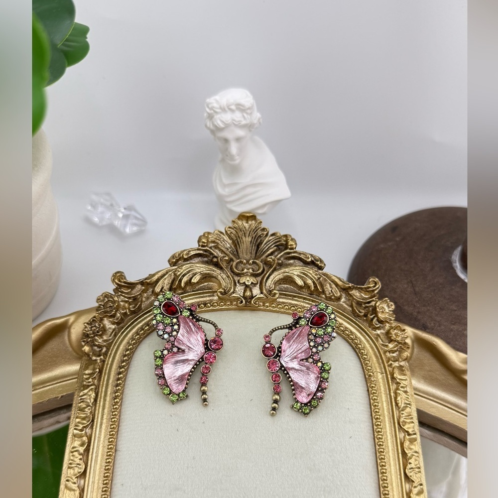 Vintage Butterfly Statement Earrings - Pink, Green & Red Crystal Accents - Picture 5 of 8